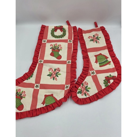 VTG 80's 2~ Handmade Christmas Stockings Bells Candy Canes Wreaths Ruffles Red - Picture 6 of 12